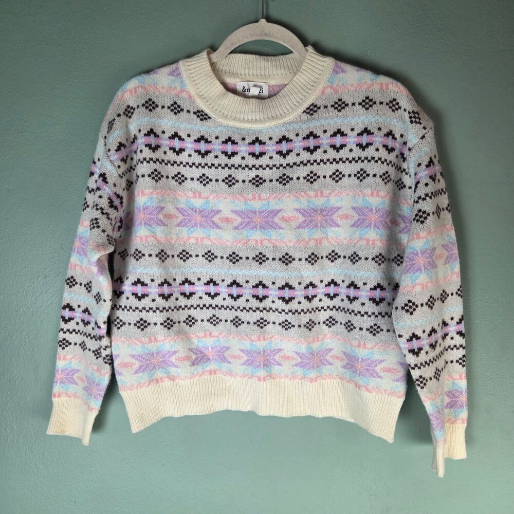 &merci Womens Medium Cream Fair Isle Sweater Winter Chic Apres Ski Geometric